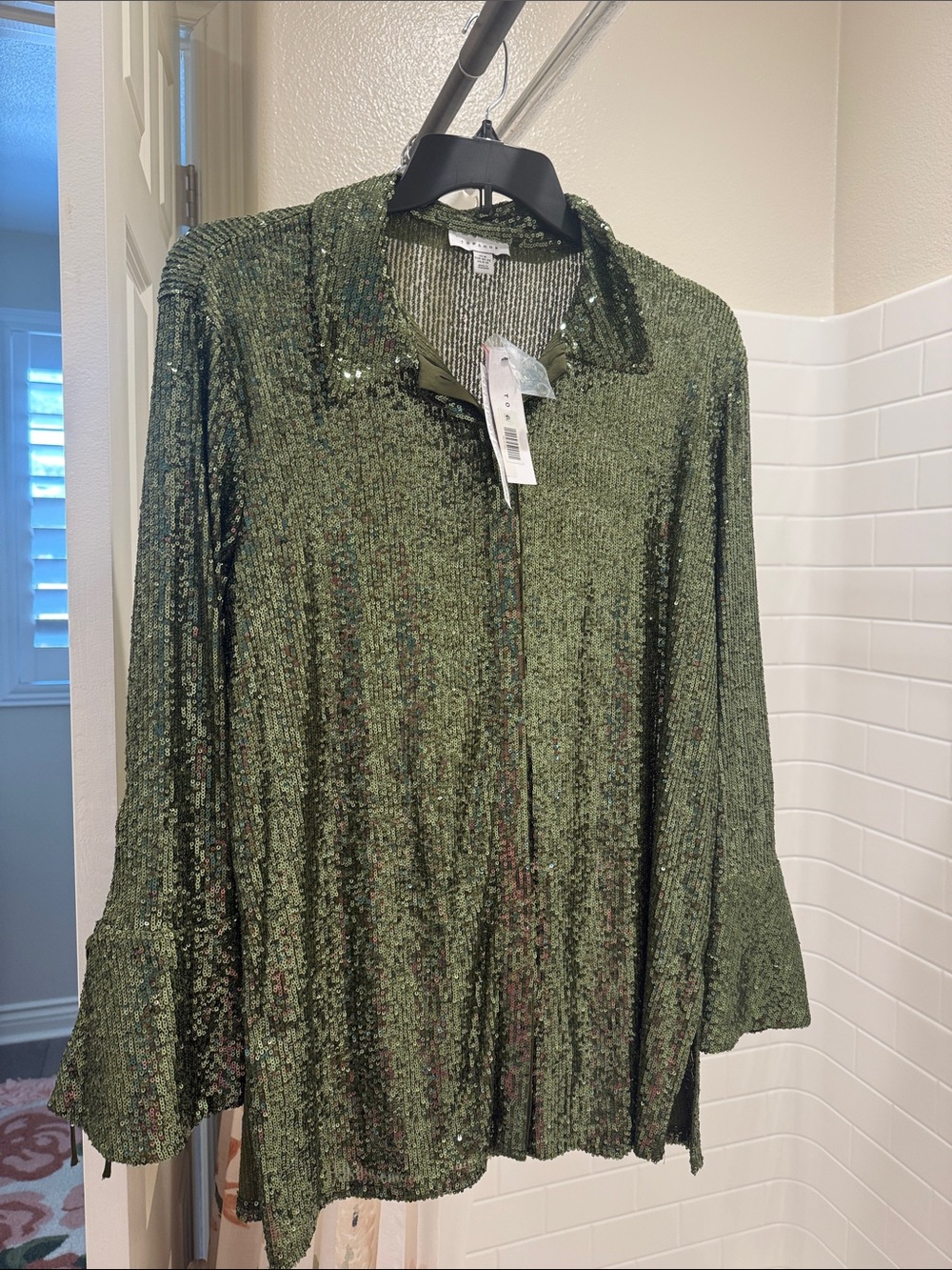 Topshop Green Sequin Button-Front Blouse
